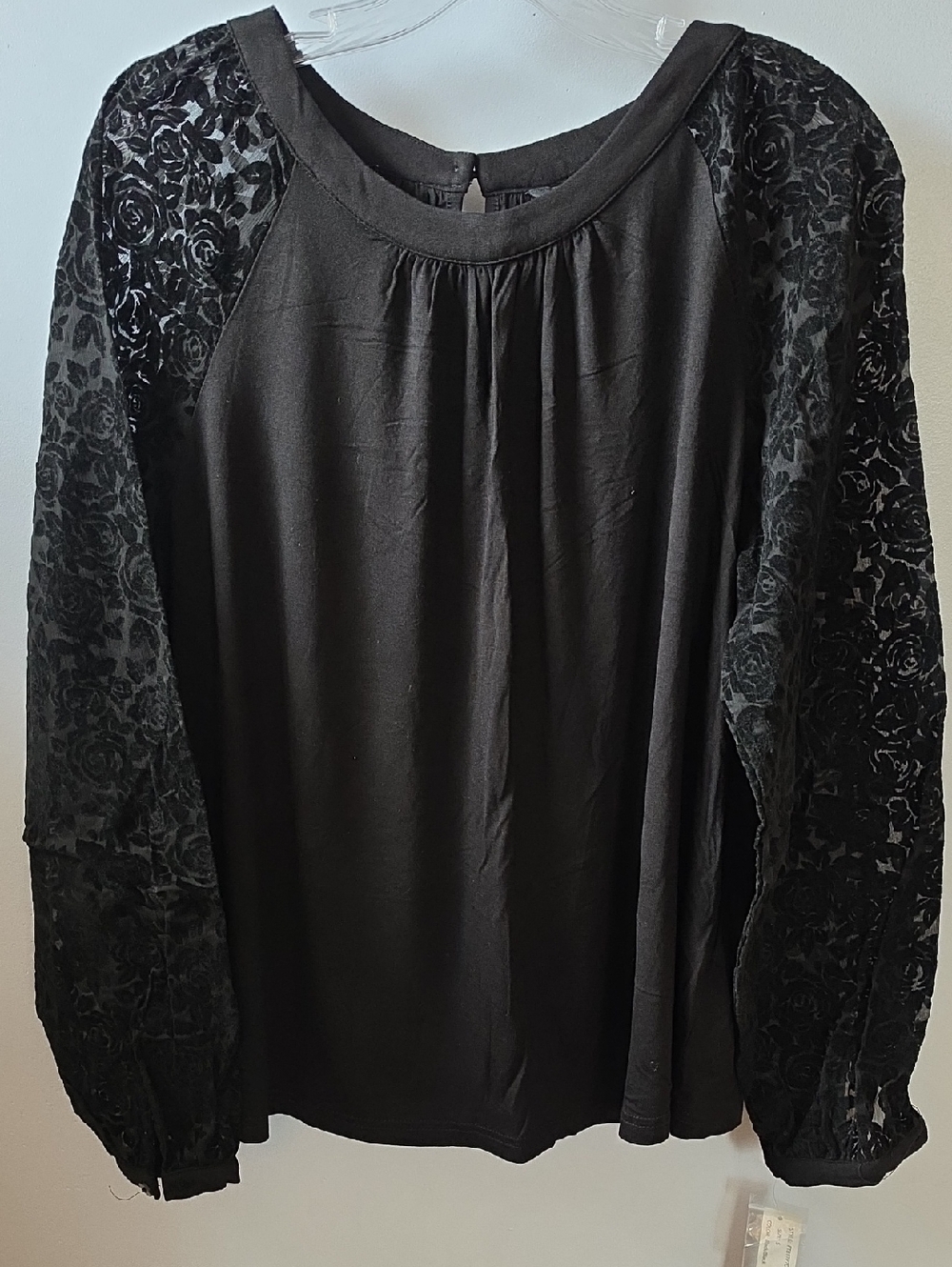 Zac & Rachel Black Blouse with Floral Lace Sleeves